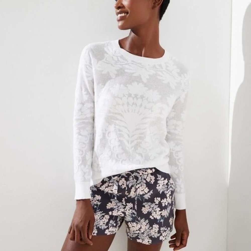 Loft Women's White Floral Jacquard Sweater - Size Small